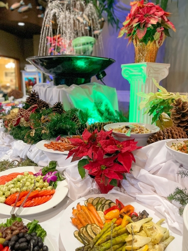 A beautiful buffet table with a fountain, green lighting, spreads of veggies, olives, and cheese, decorated with garland, pine cones, and poinsettias. 