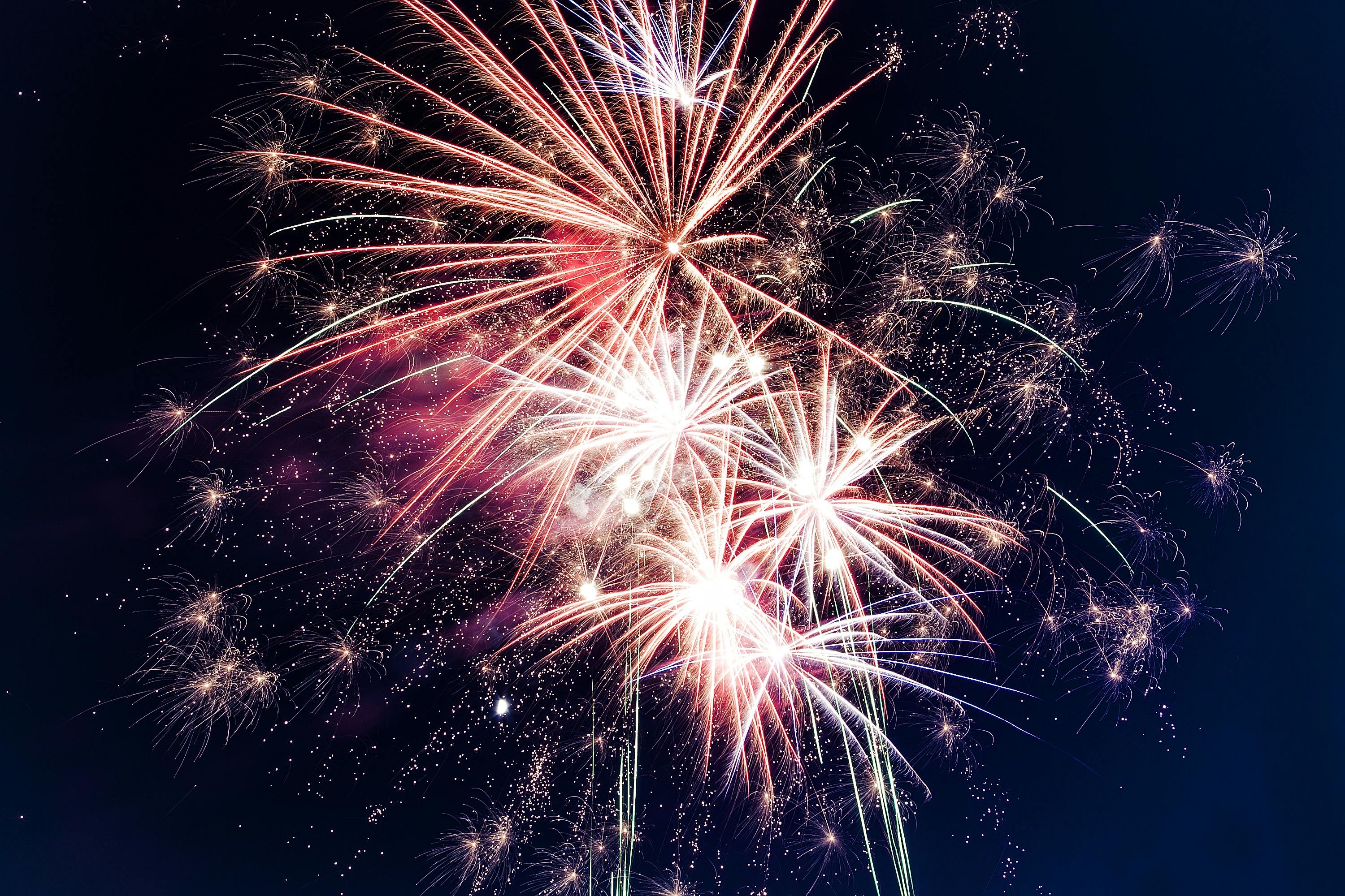 Gold and red fireworks explode against a dark night sky.